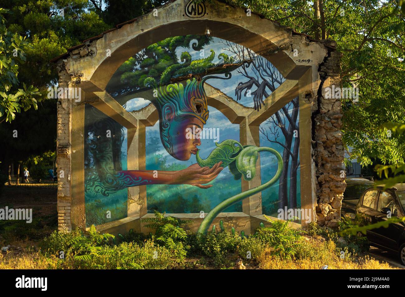 A large mural by ‘Wild drawing’ on a ruin building in Fix park, Athens Stock Photo
