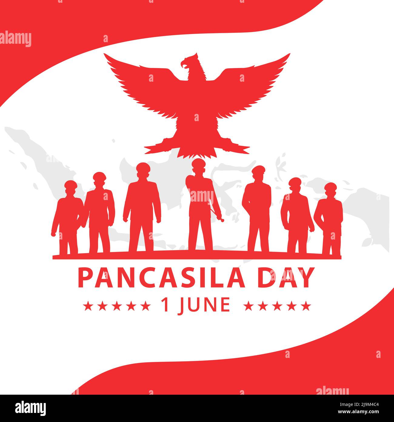 Pancasila Day 1 June with Garuda, Silhouette Revolutionary Hero, and Indonesian Island Vector Illustration Stock Vector