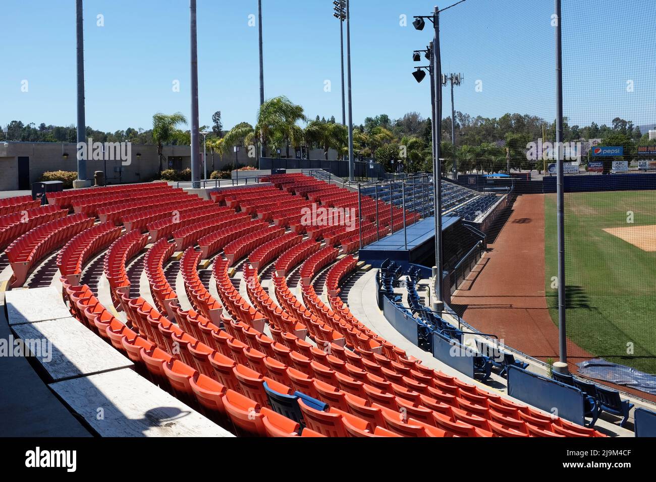 FULLERTON CALIFORNIA - 22 MAY 2020: Third Base side seating and dugout at Goodwin Field, on the campus of California State University Fullerton, CSUF. Stock Photo