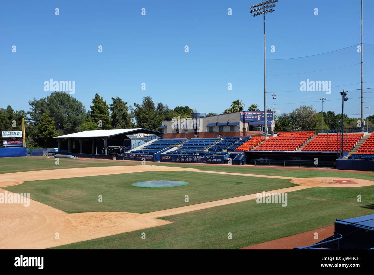 FULLERTON CALIFORNIA - 22 MAY 2020: Right Field Line seating and dugout seen from acrods the field at Goodwin Filed, on the campus of California State Stock Photo