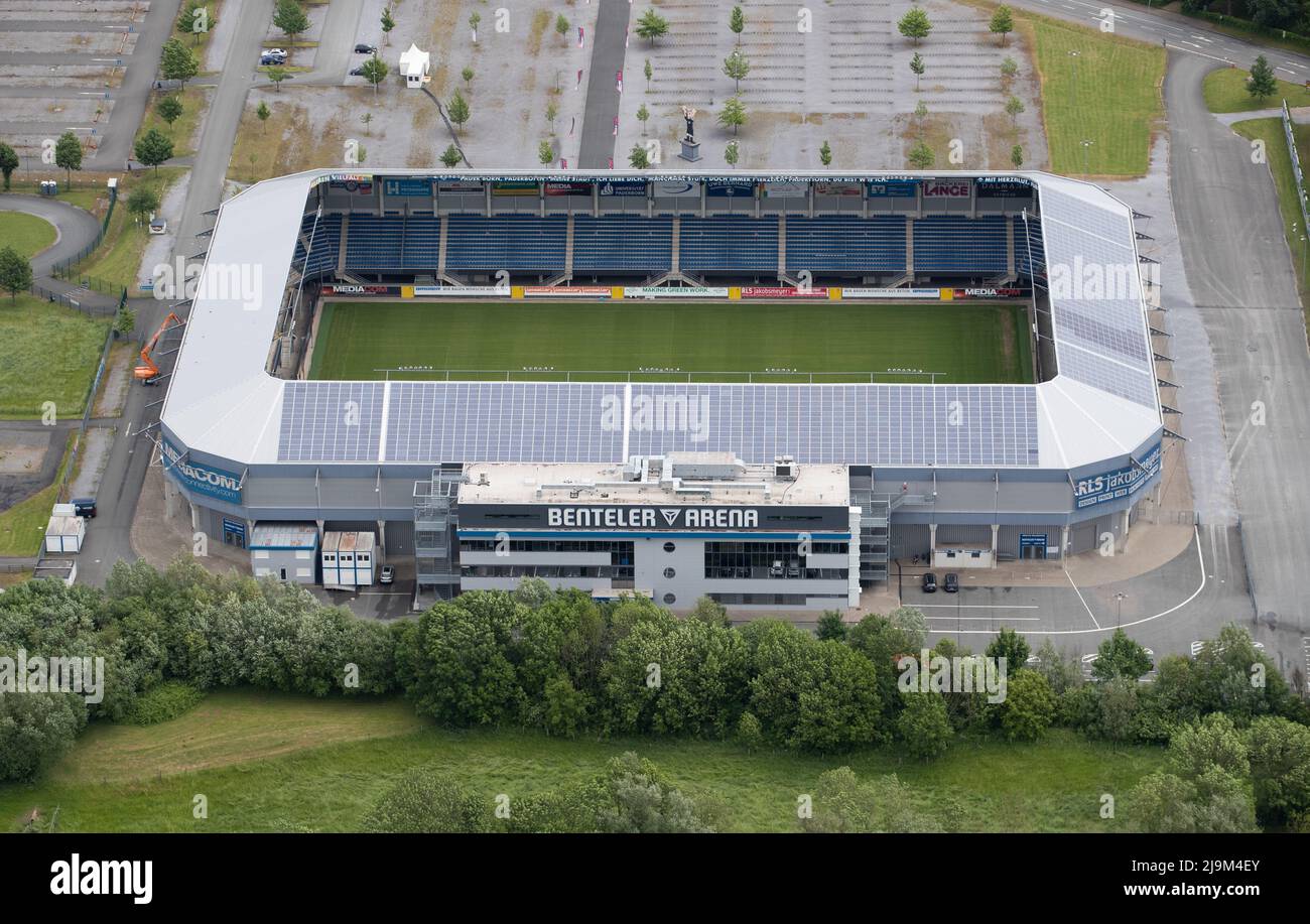 Paderborn, Germany. 24th May, 2022. The aerial view shows the Benteler Arena, the stadium of the second division soccer team SC Paderborn. Credit: Friso Gentsch/dpa/Alamy Live News Stock Photo