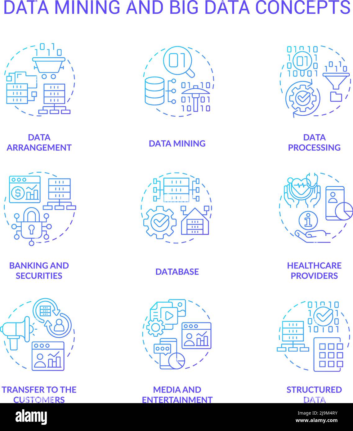 Data mining and big data blue gradient concept icons set Stock Vector
