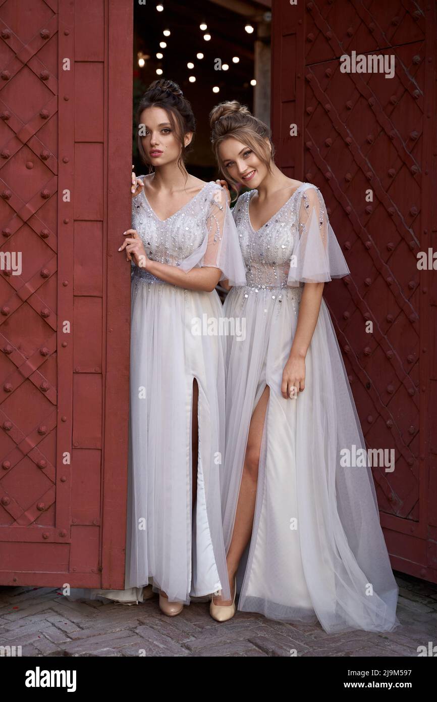 European girls bridesmaids in silver dresses having fun Stock Photo