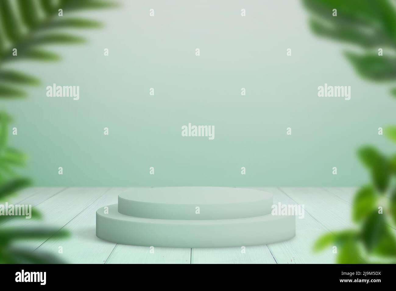 Green pedestal for product presentation surrounded by plant leaves