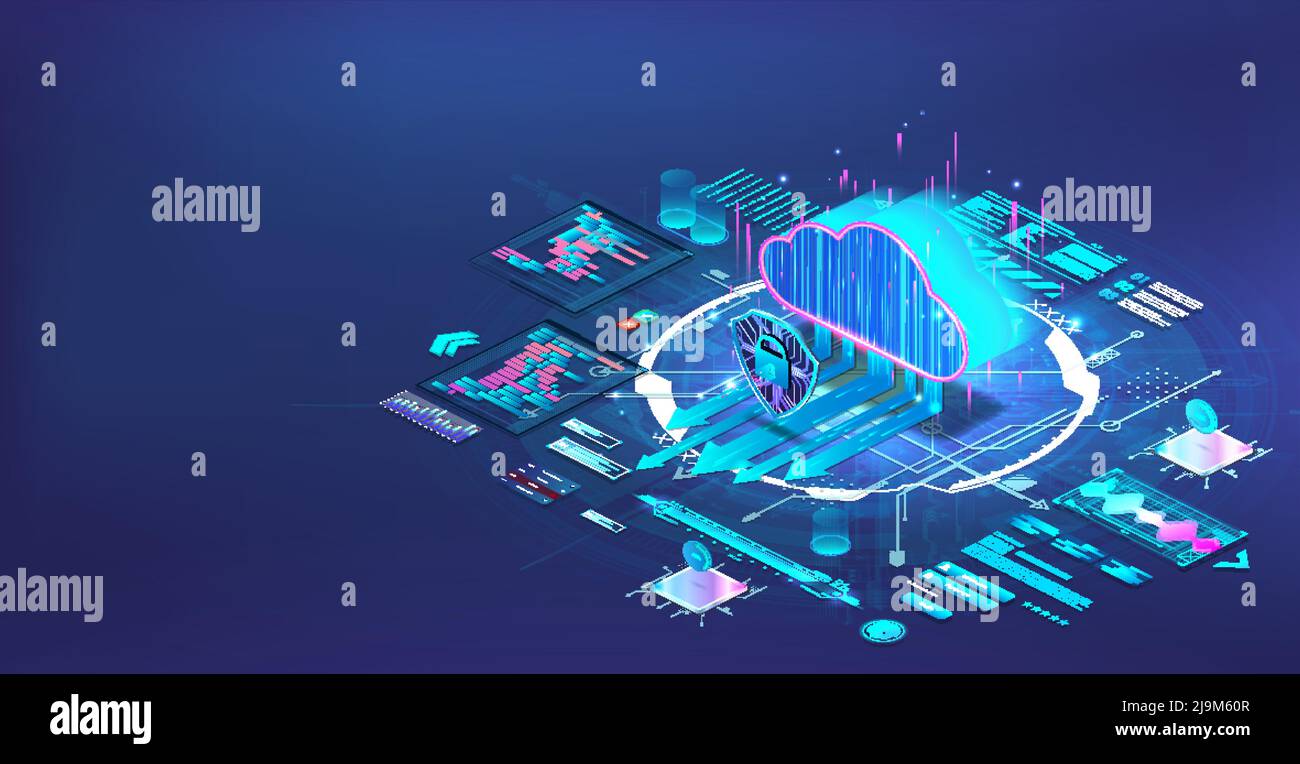 Cloud storage and big data computing in isometric. Blue web banner Stock Vector