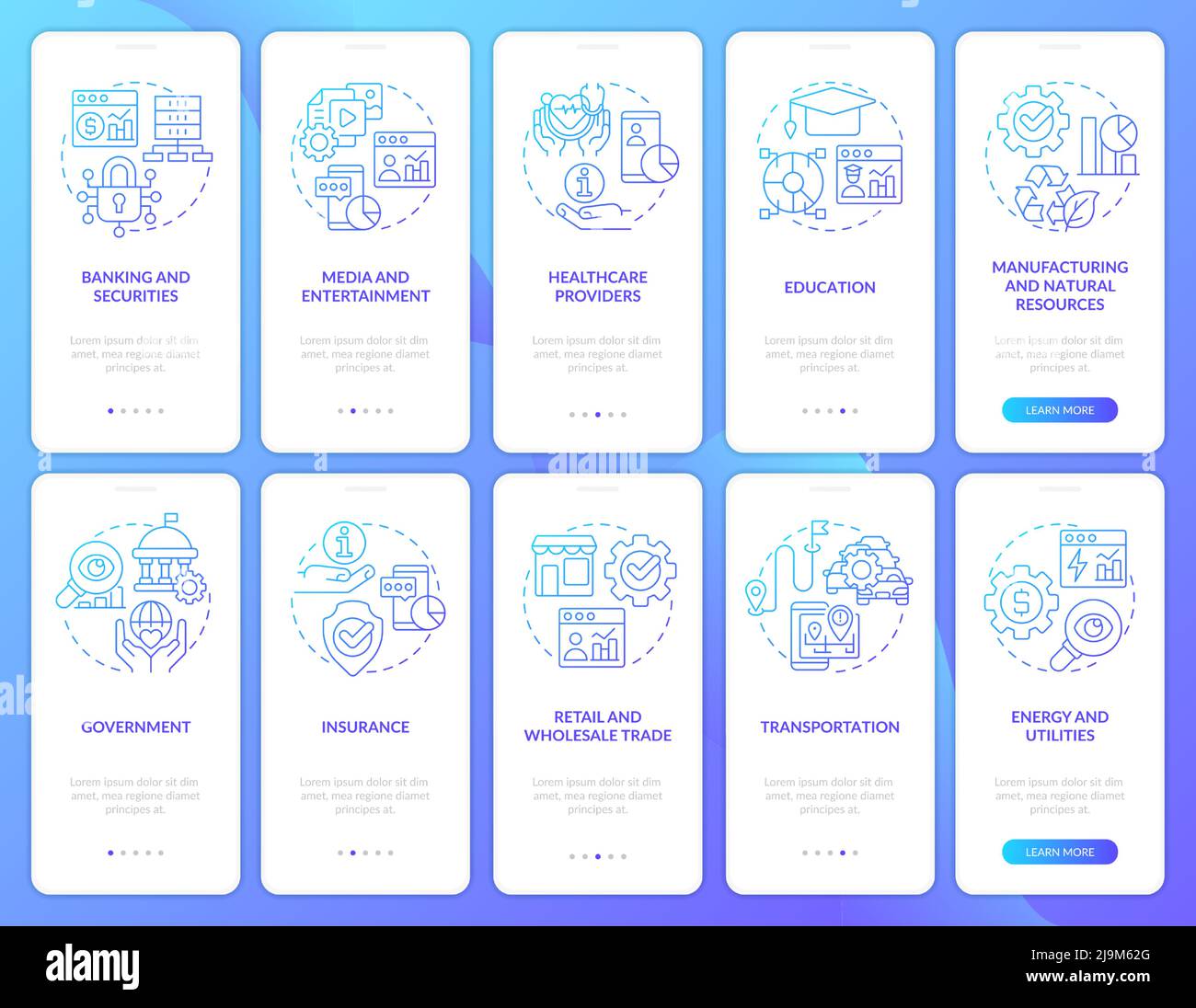 Big data applications blue gradient onboarding mobile app screen set Stock Vector
