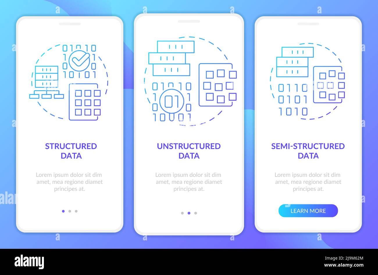 Types of big data blue gradient onboarding mobile app screen Stock Vector