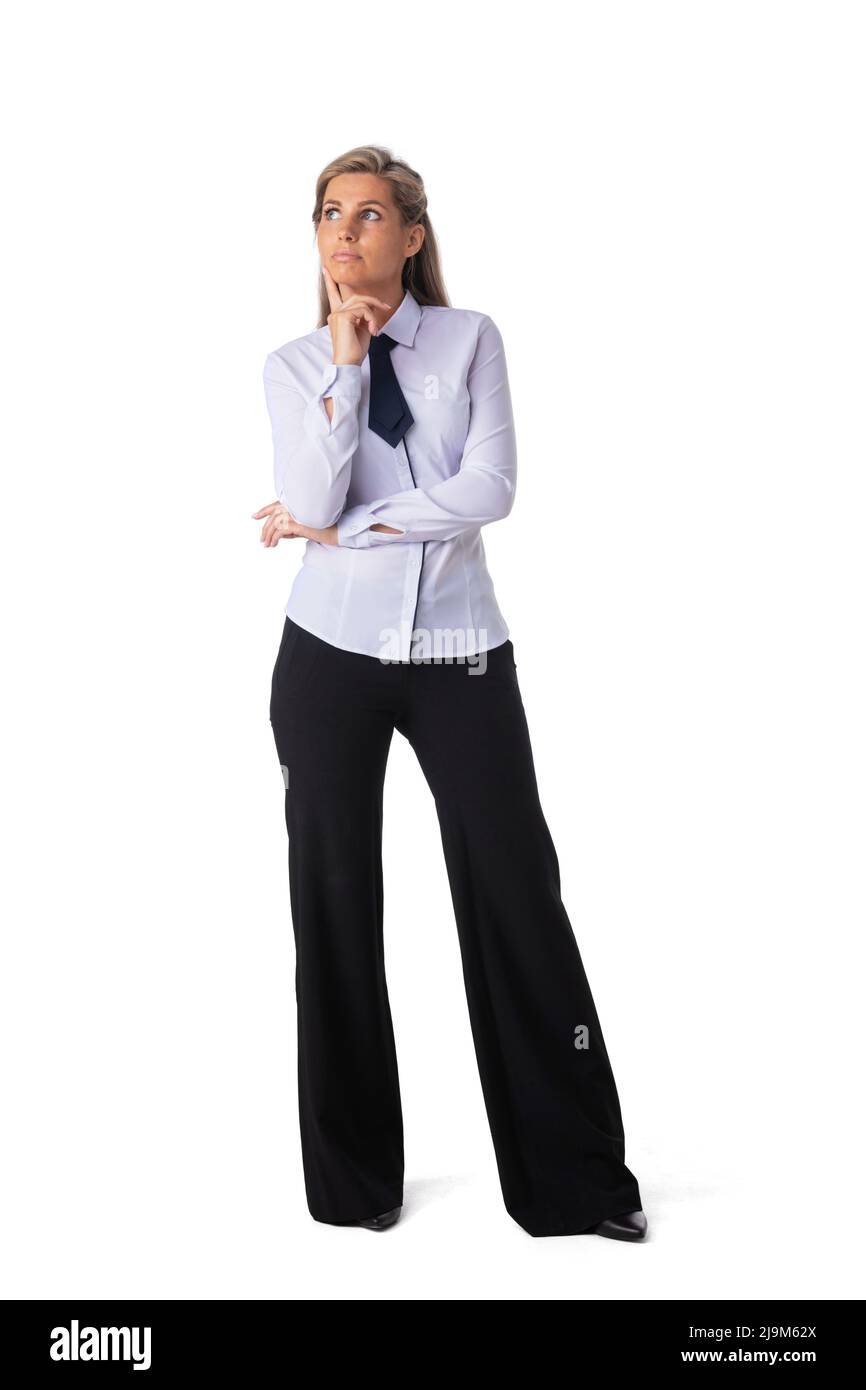 Beautiful business woman thinking, formal wear, full length portrait
