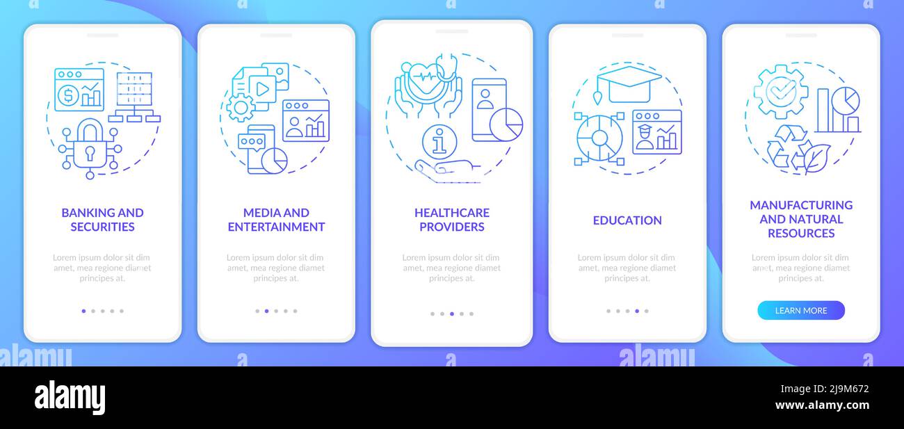 Big data applications types blue gradient onboarding mobile app screen Stock Vector
