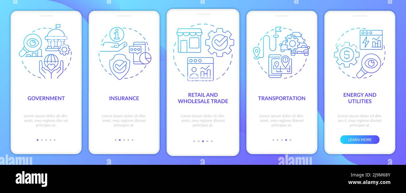 Big data applications types blue gradient onboarding mobile app screen Stock Vector