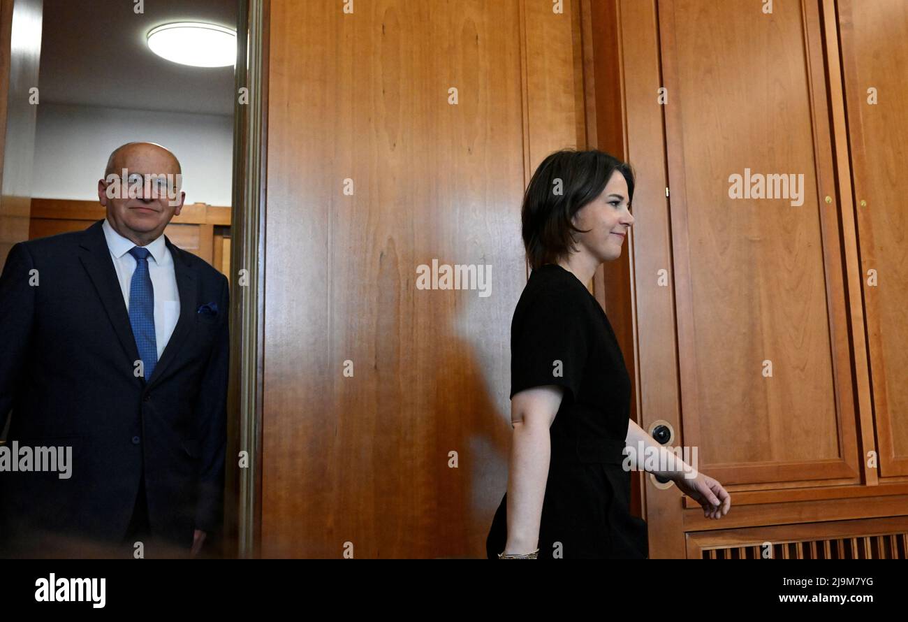 German Foreign Minister Annalena Baerbock arrives to address a joint news conference with Polish Foreign Minister Zbigniew Rau on Ukraine, in Berlin, Germany May 24, 2022. Tobias Schwarz/Pool via REUTERS Stock Photo