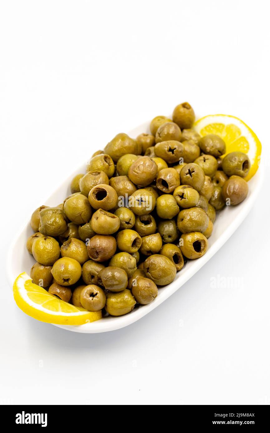 Green olive. natural olive on isolated white background. Healthy food. close up Stock Photo