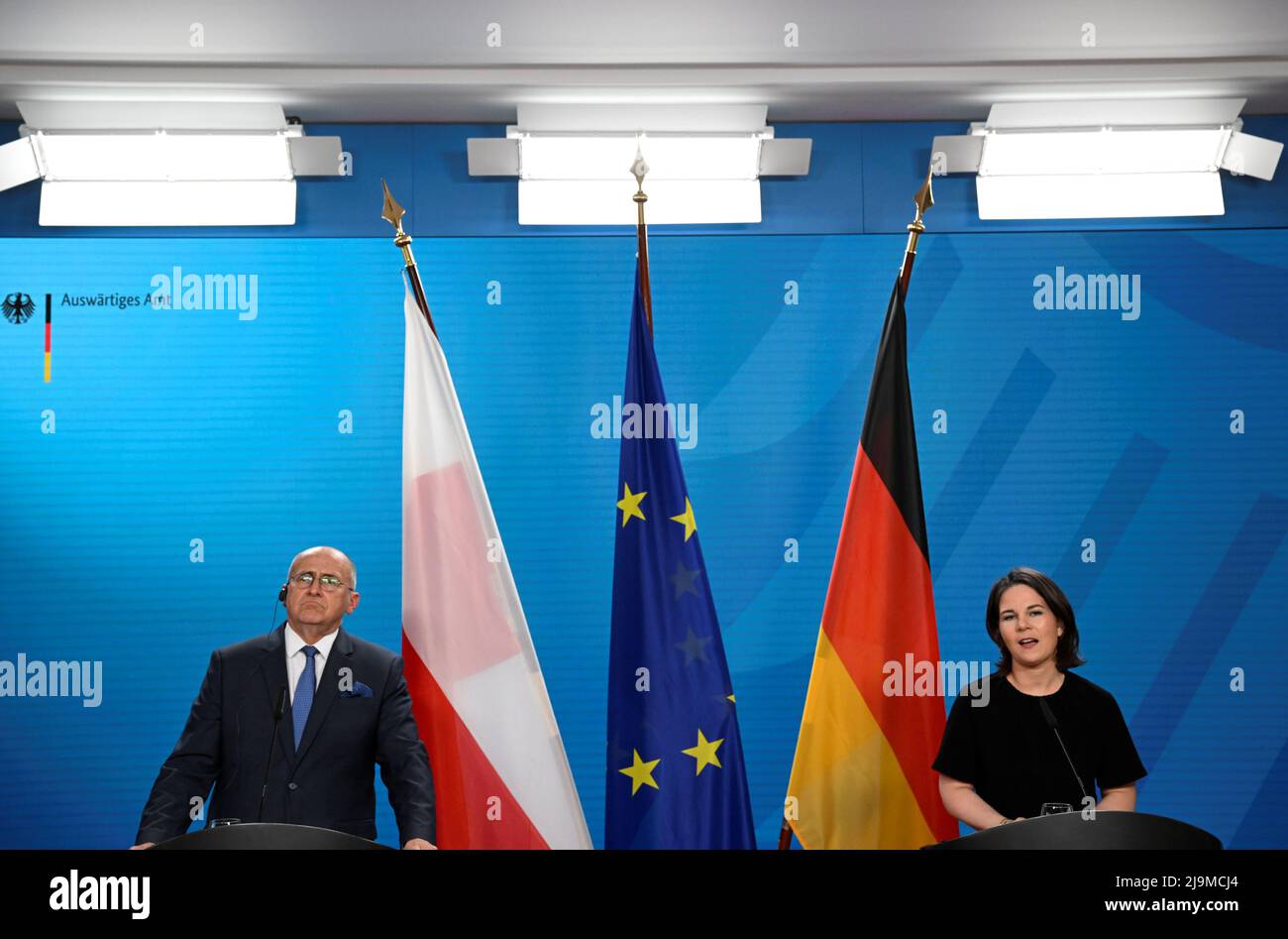 Polish Foreign Minister Zbigniew Rau listens to German Foreign Minister Annalena Baerbock during a joint news conference in Berlin, Germany May 24, 2022. Tobias Schwarz/Pool via REUTERS Stock Photo