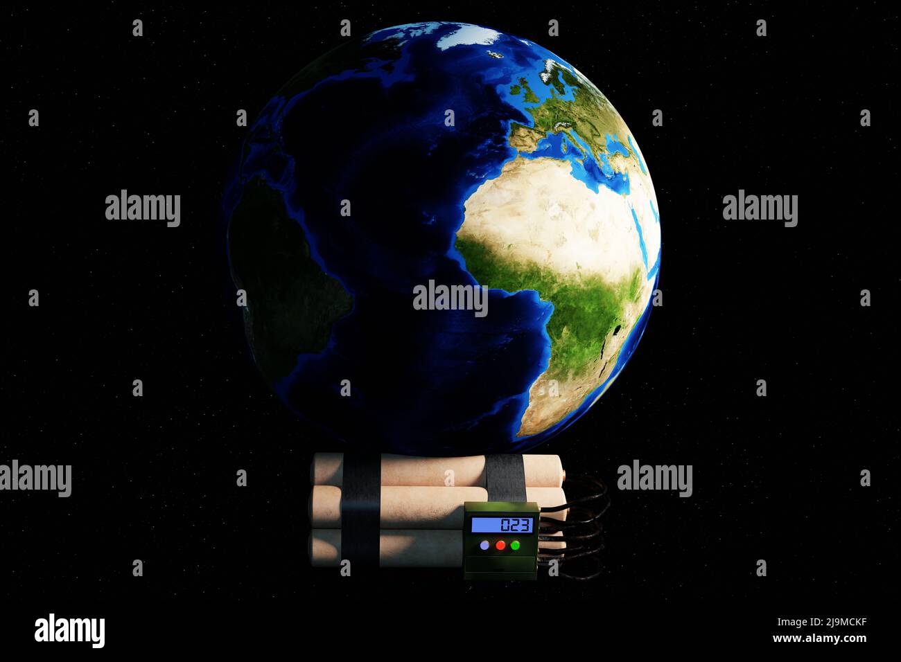 Earth planet on a time bomb. Black background. 3D Render Stock Photo