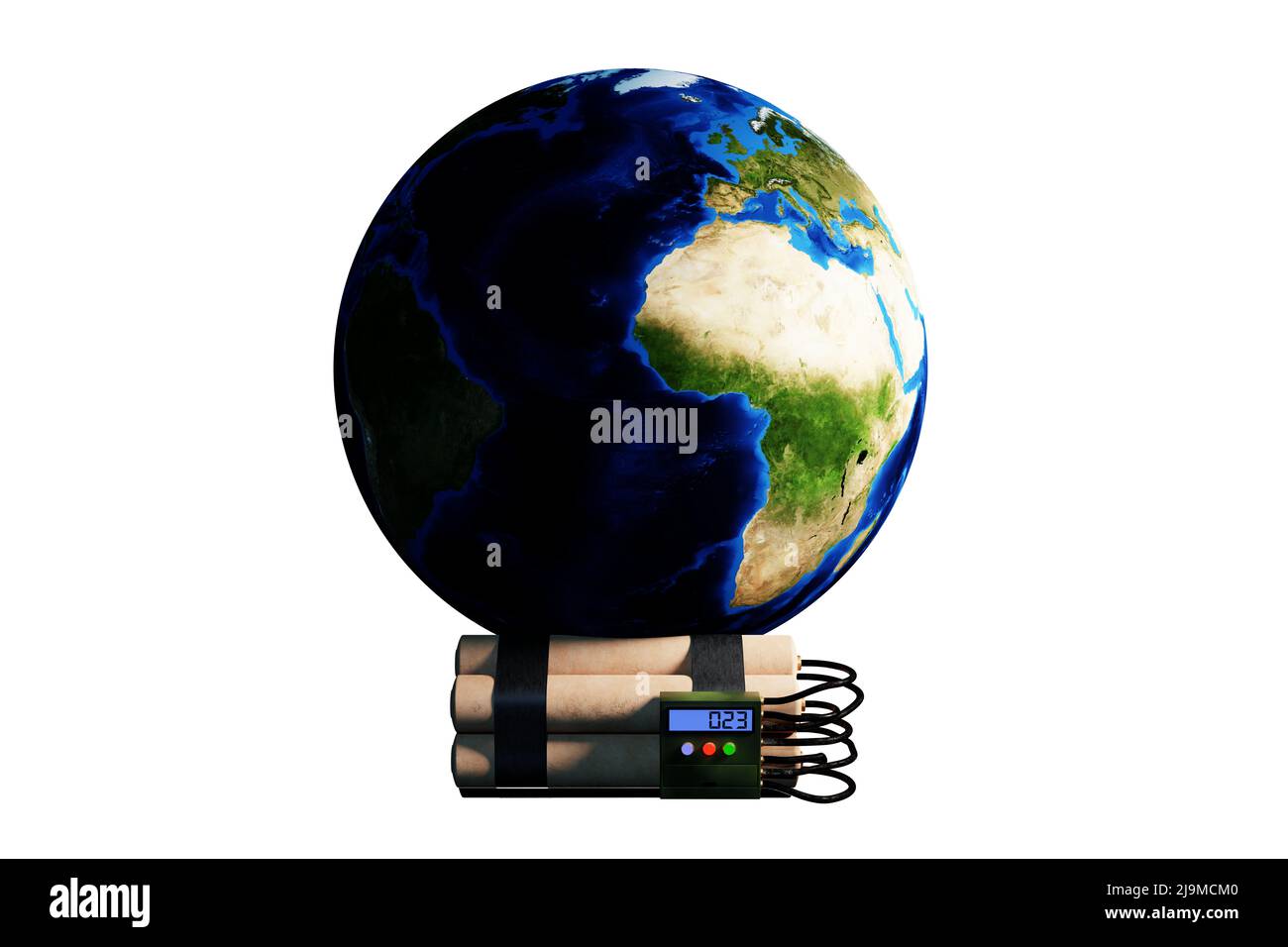 Earth planet on a time bomb. White background. 3D Render Stock Photo