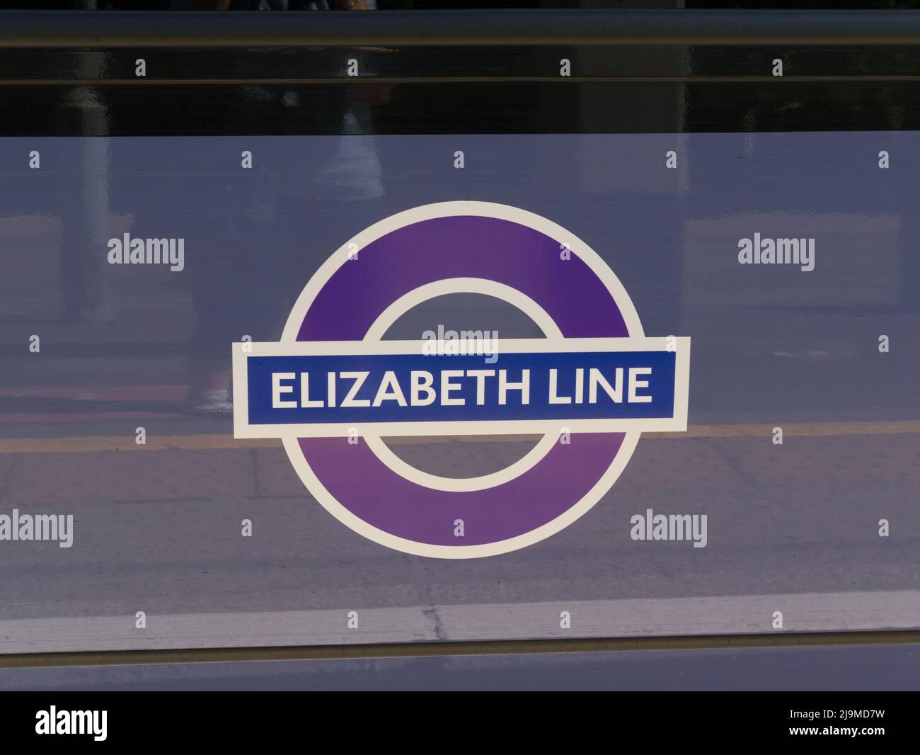 Logo on new Elizabeth line railway carriages train in Maidenhead Railway station travelled from Reading to London Paddington and across London Stock Photo