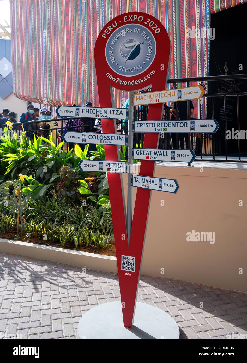 View of a signboard outside the Peru pavilion showcasing the new seven wonders of the world, at the Expo 2020,Dubai, UAE Stock Photo