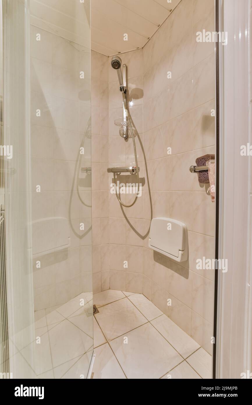 Vintage bathroom with shower cabin Stock Photo Alamy
