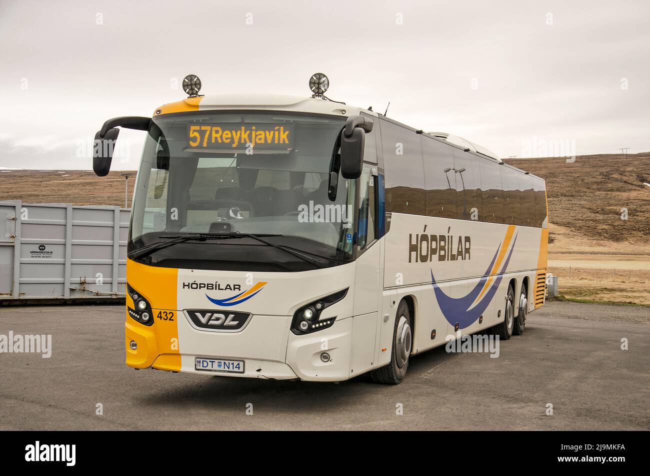 Staðarskáli, Iceland, May 2, 2022: luxury touringcar in use as line bus between Akureyri and Reykjavik during a schedule break at the parking of a mot Stock Photo