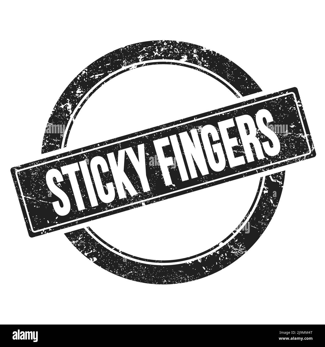 STICKY FINGERS text on black grungy round stamp. Stock Photo