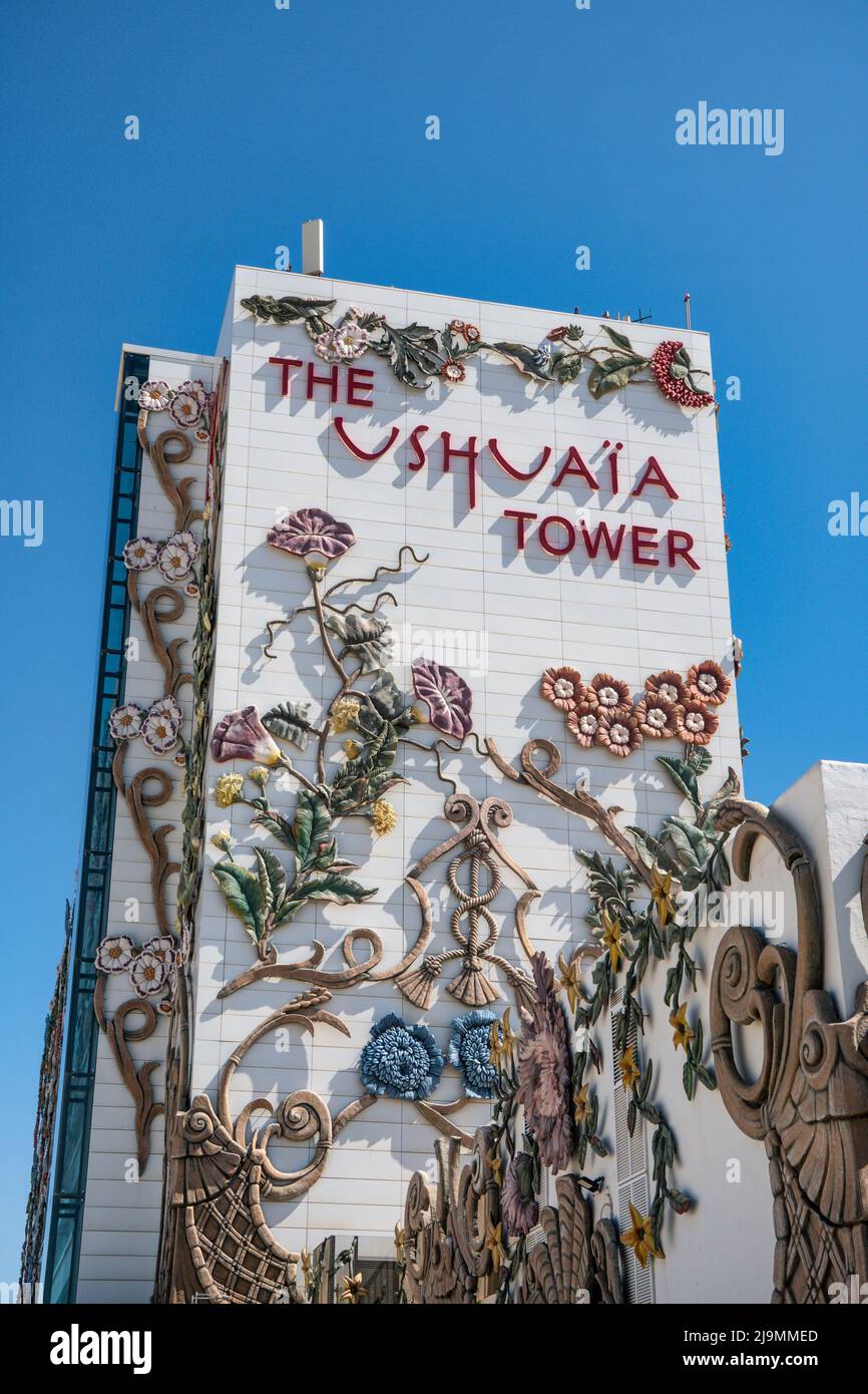 Ushuaia Tower Hotel , Hotel and Club, Playa del Bossa,  Platja d'en Bossa, Eivissa, Balearen, Spanien, Europa Stock Photo