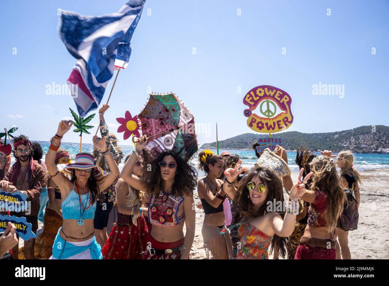 Flower Power Promotion vom Pacha Club am Playa ses Salines, Ibiza, Stock Photo