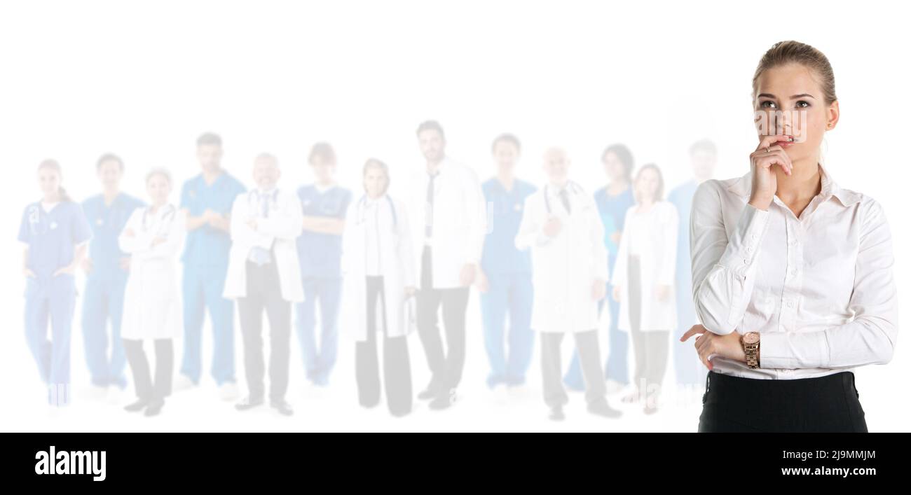 Woman choosing doctor medical care concept, team of doctors on ...