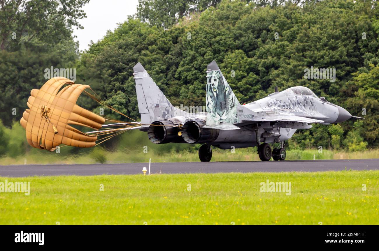 Slovak Air Force Mig-29 Fulcrum fighter jet landing with brake parachute on Leeuwarden Air Base. June 10, 2016 Stock Photo