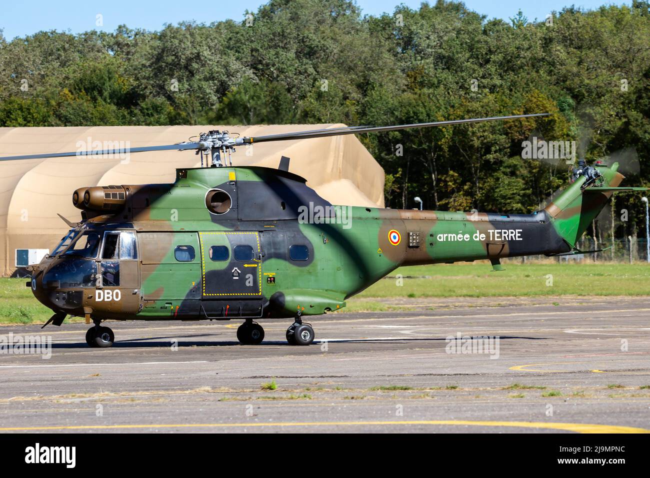 French Army Aerospatiale SA330B Puma helicopter at an airbase in France. August 24, 2016 Stock Photo