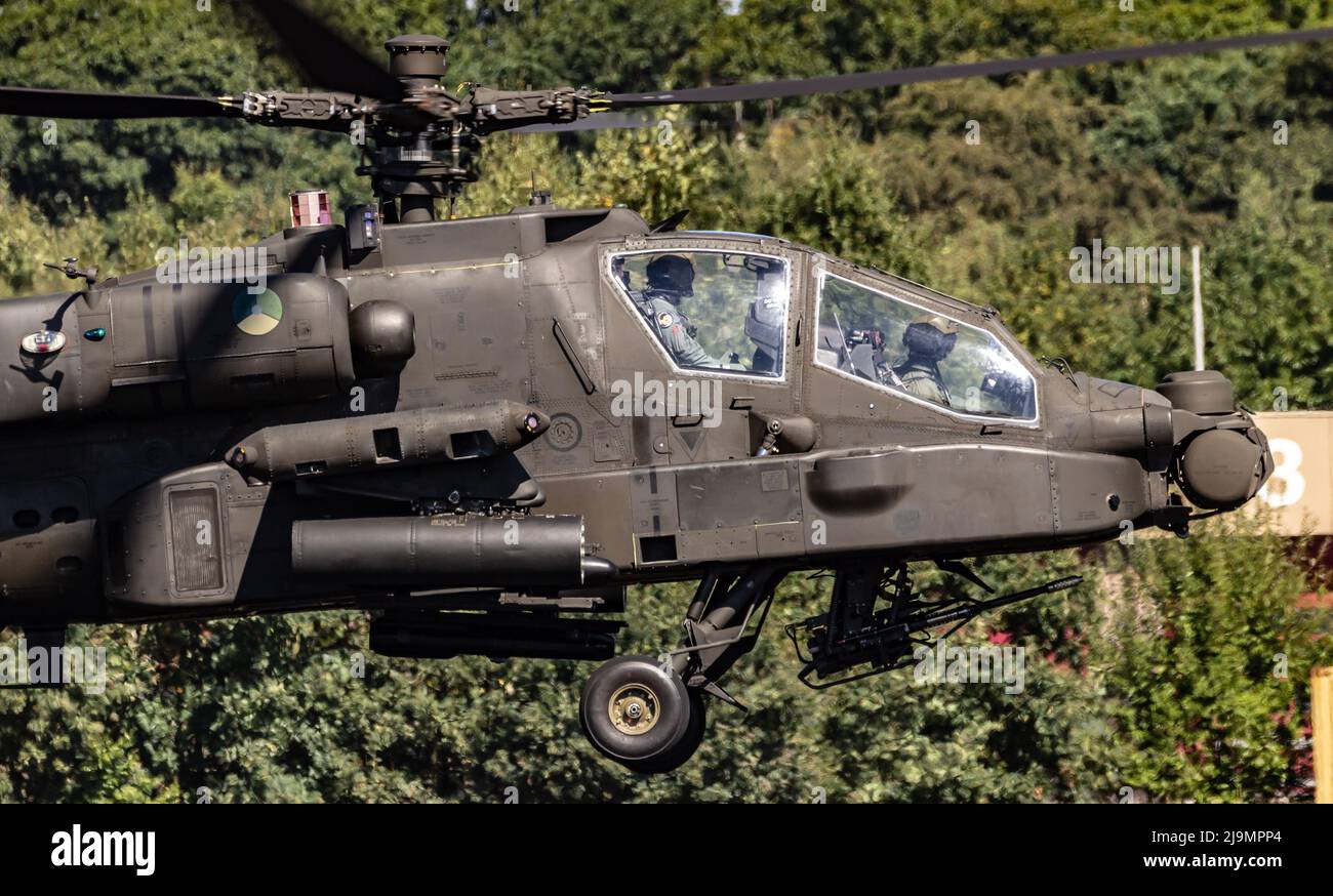Royal Netherlands Air Force Boeing AH-64 Appache attack helicopter taking off from Gilze-Rijen Air Base. The Netherlands - September 7, 2016 Stock Photo