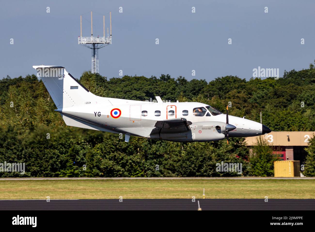 French Air Force Embraer EMB-121 Xingu plane making a low-pass over Gilze-Rijen Air Base. September 7, 2016 Stock Photo