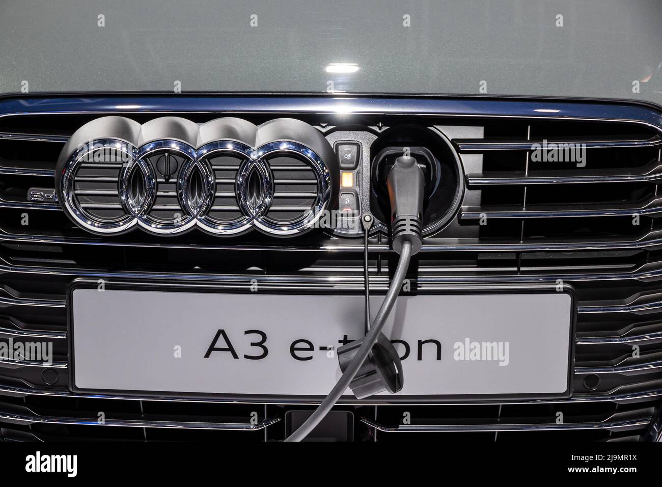 Audi A3 electric car connected charger at the Frankfurt IAA Motor Show. Germany - September 12, 2017. Stock Photo