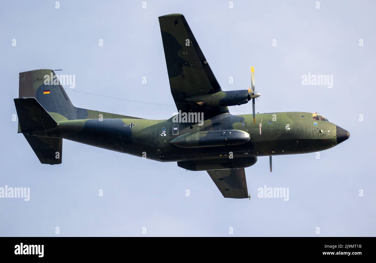 German Air Force Transall C-160 cargo airplane in flight over Berlin-Schonefeld airport. Germany - April 27, 2018. Stock Photo