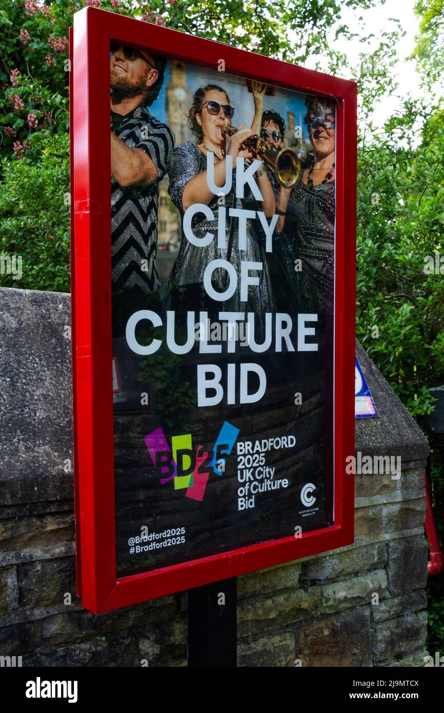 A poster promoting Bradford's bid for the 2025 UK City of Culture. The poster is outside Baildon Station and is there is catch the eye of commuters. Stock Photo