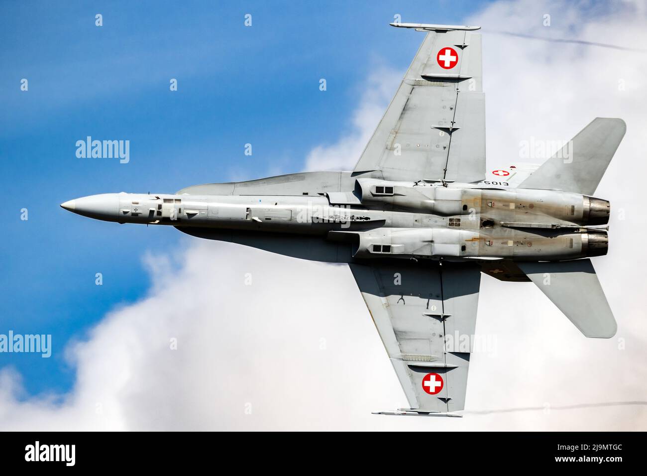 Swiss Air Force McDonnell Douglas F/A-18 Hornet fighter jet plane in flight above Kleine-Brogel Airbase. September 8, 2018 Stock Photo