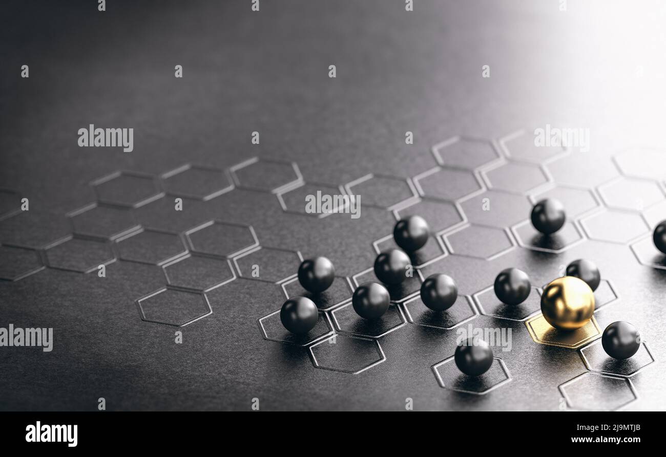 Many spheres and a different one with golden color over black background. Concept of value added solution or service and brand differentiation. 3D ill Stock Photo