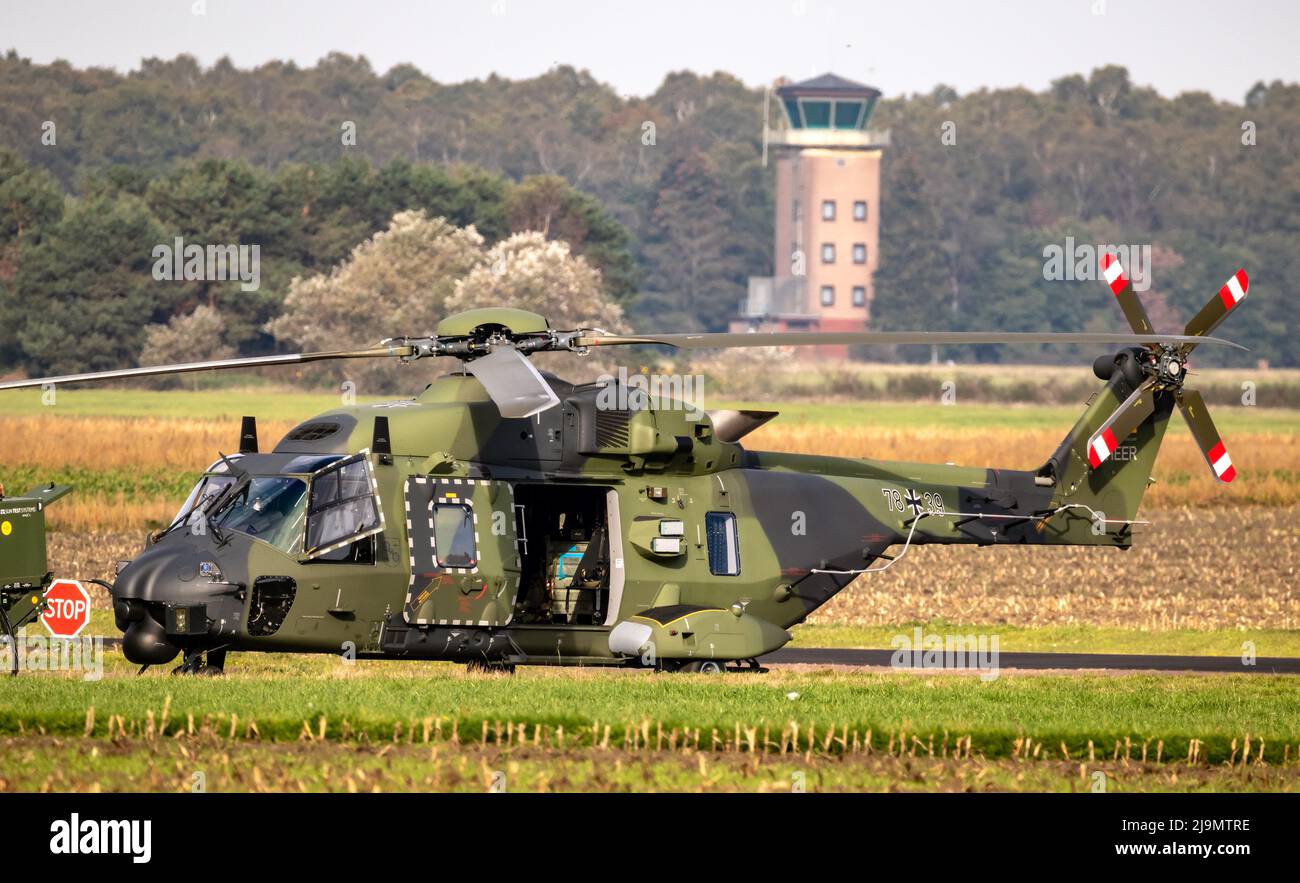 German Army NH90 helicopter idle before take off on Deelen Air Base. The Netherlands - October 11, 2018 Stock Photo