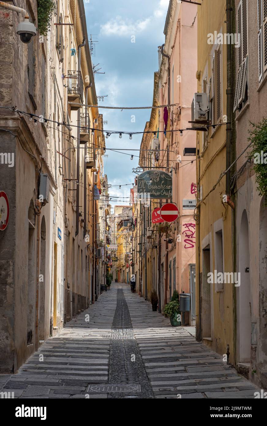 Typical Narrow Street, Sassari, Sardinia, Italy Stock Photo