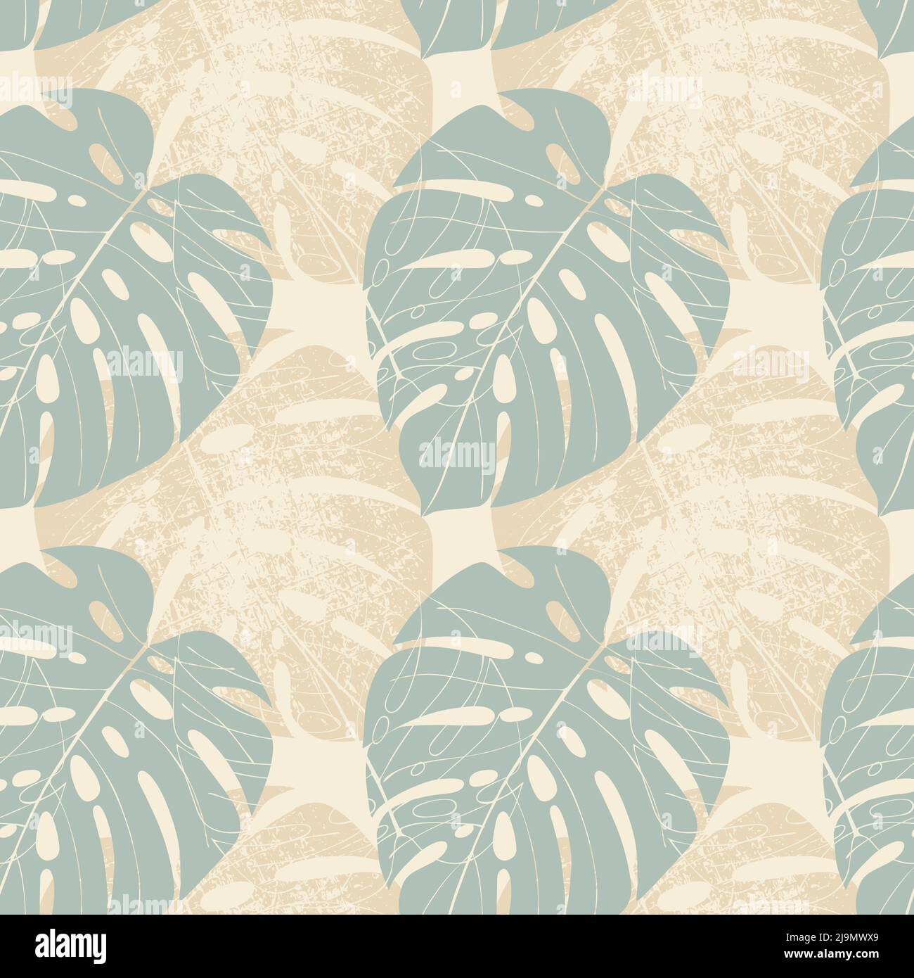 Monstera pattern grunge print and doodle drawing. Vector illustration Stock Vector