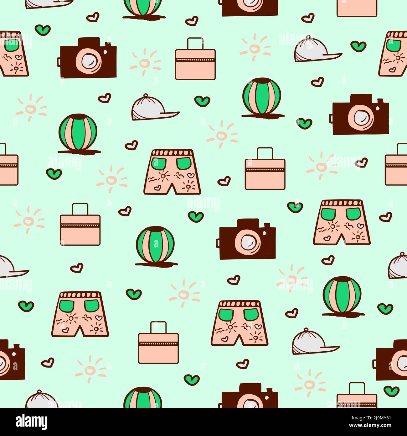 Summer doodles, seamless pattern on green background Stock Vector