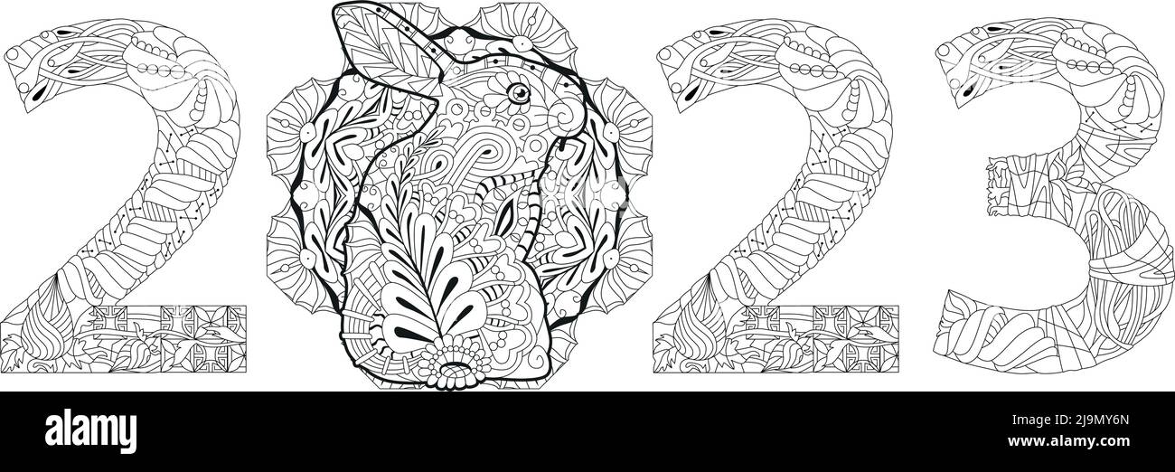 Hand drawn zentangle rabbir number 2023 for coloring pages, for t-shirt and other decorations Stock Vector