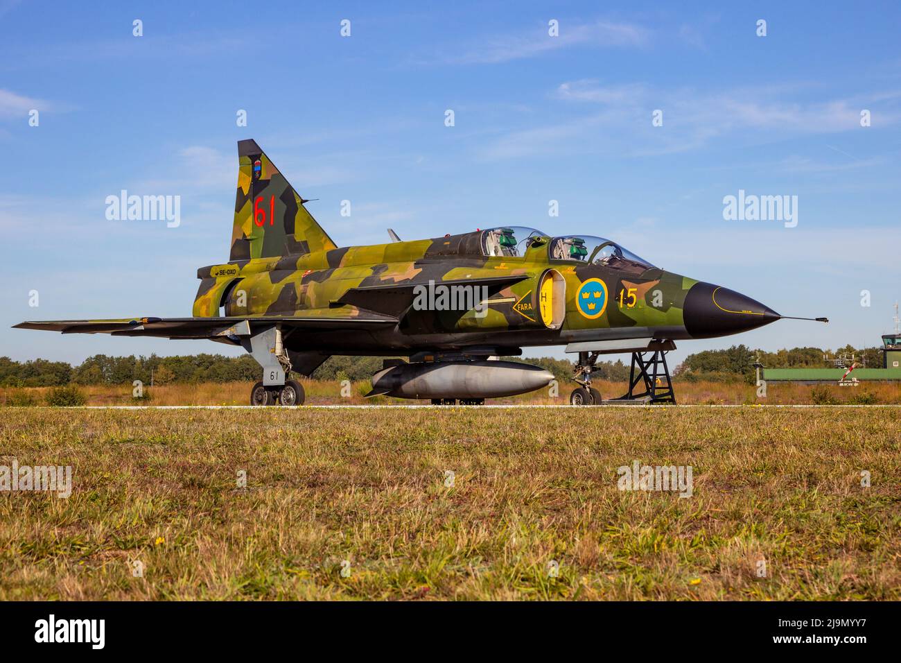 Former Swedish Air Force Saab 37 Viggen fighter jet at Kleine-Brogel Airbase. Belgium - September 14, 2019. Stock Photo