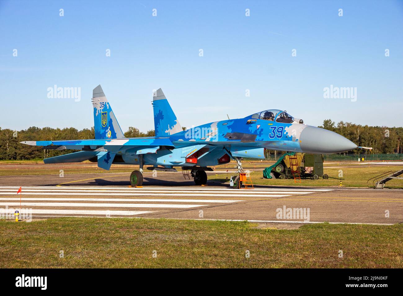 Ukrainian Air Force Sukhoi Su-27 Flanker fighter aircraft on the tarmac of Kleine-Brogel Airbase. Belgium - September 14, 2019. Stock Photo