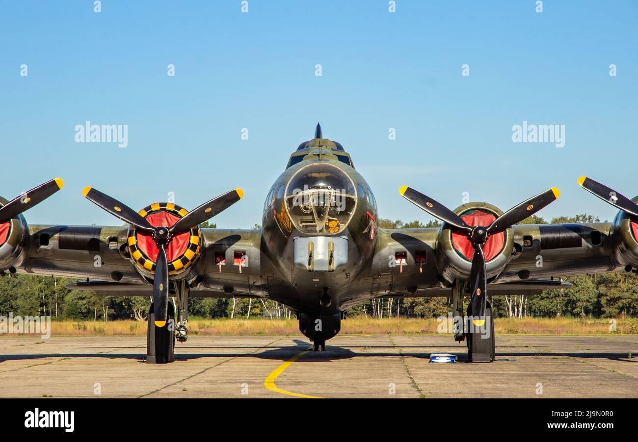 Boeing B-17 Flying Fortress US Air Force WW2 bomber plane onthe tarmac of Kleine-Brogel Airbase. Belgium - September 14, 2019. Stock Photo