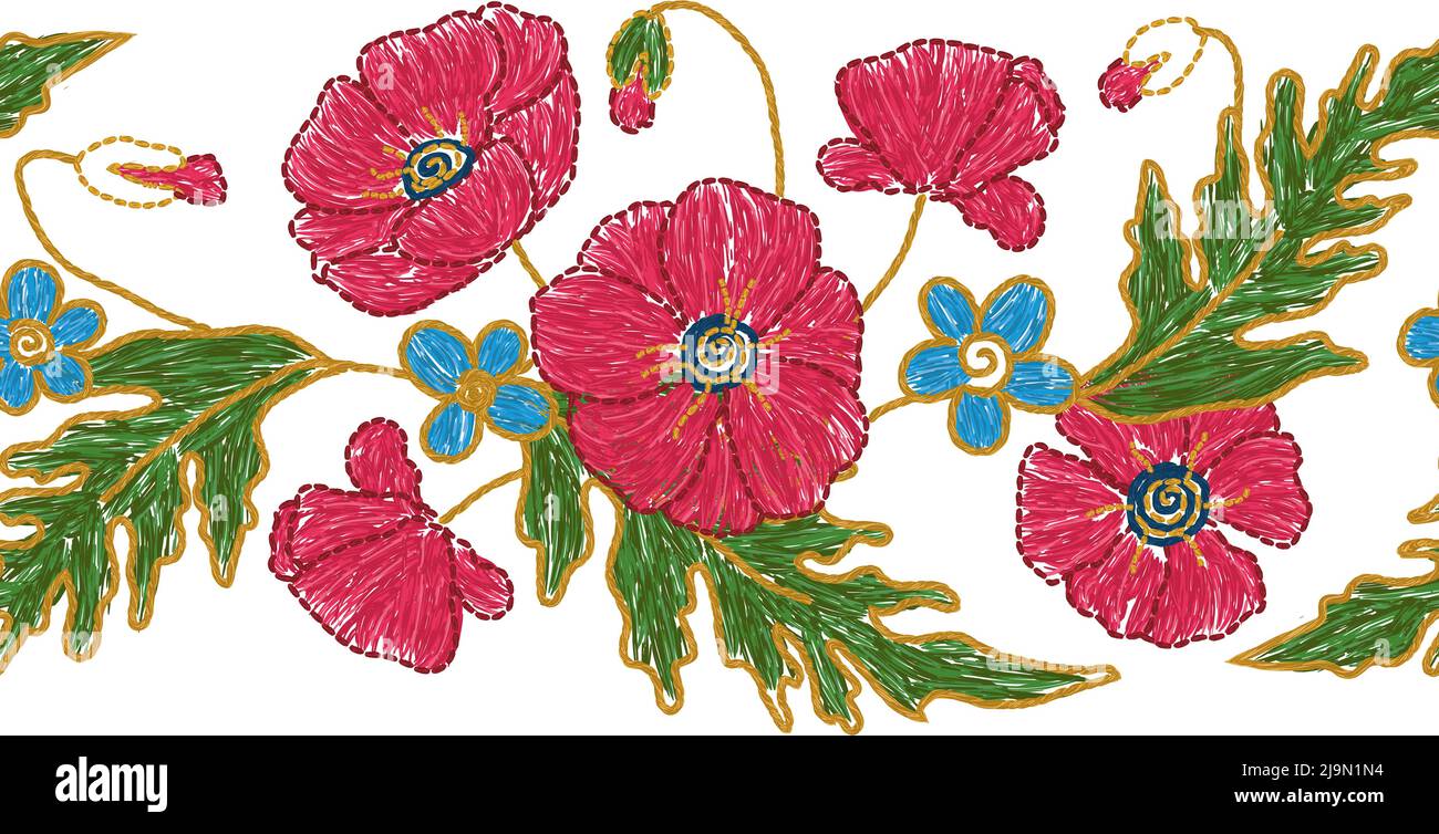 Ukrainian embroidery seamless poppy floral border. Blue flower embroidered arrangement Stock Vector