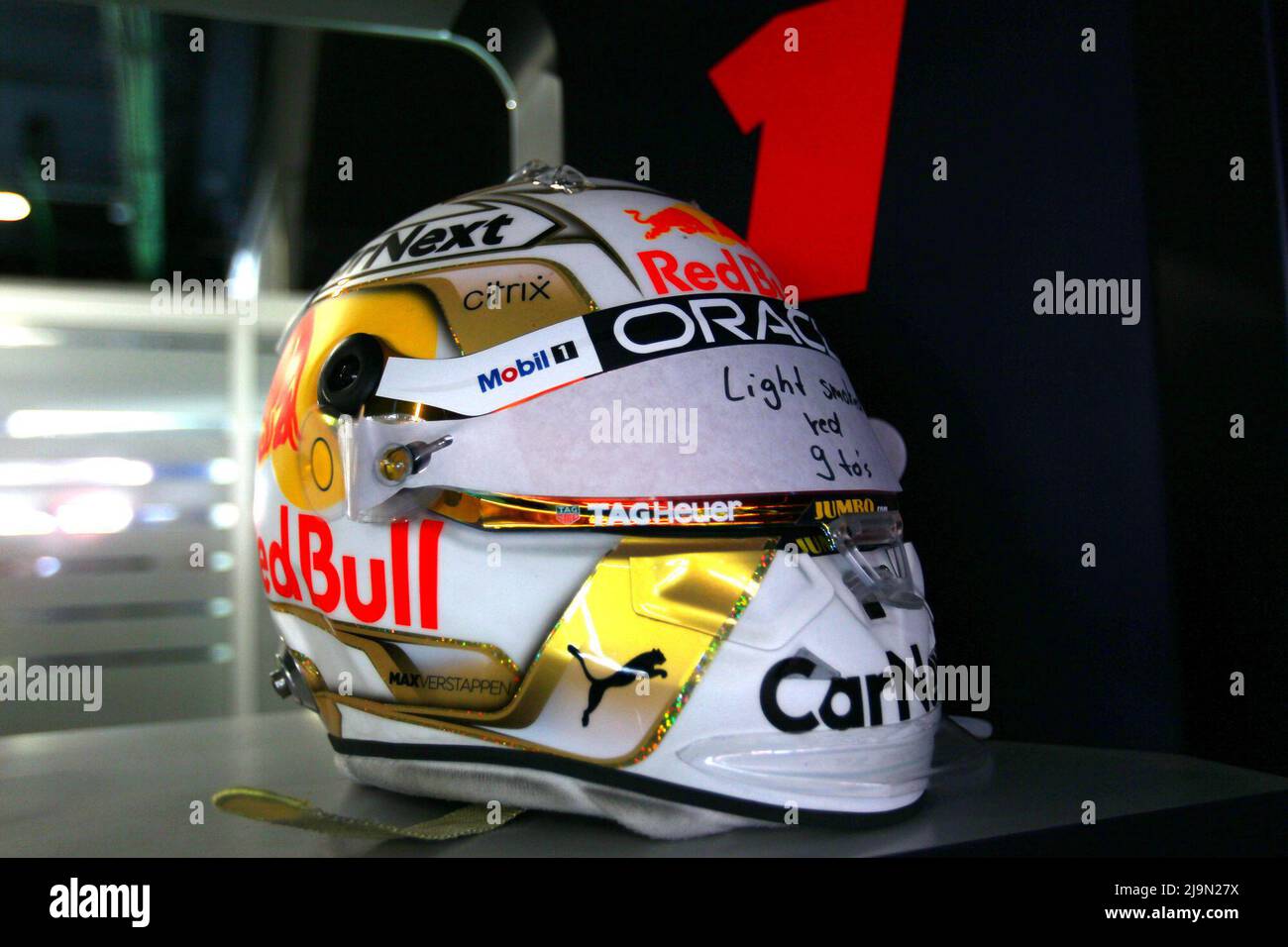 Barcelona Spain. 22nd May 2022. Max Verstappen NED Redbull Racing RB18 Helmet inside Oracle Red Bull Racing Box during FORMULA 1 PIRELLI GRAN PREMIO DE ESPAA A 2022 Race Formula 1 Championship in