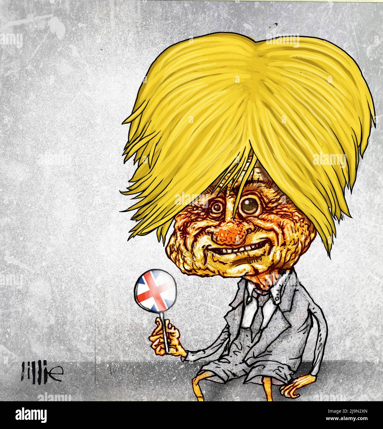 Caricature satire style cartoon, Michael Fabricant Conservative MP for  Lichfield Staffordshire dressed in schoolboy uniform with union flag lollypop. Stock Photo