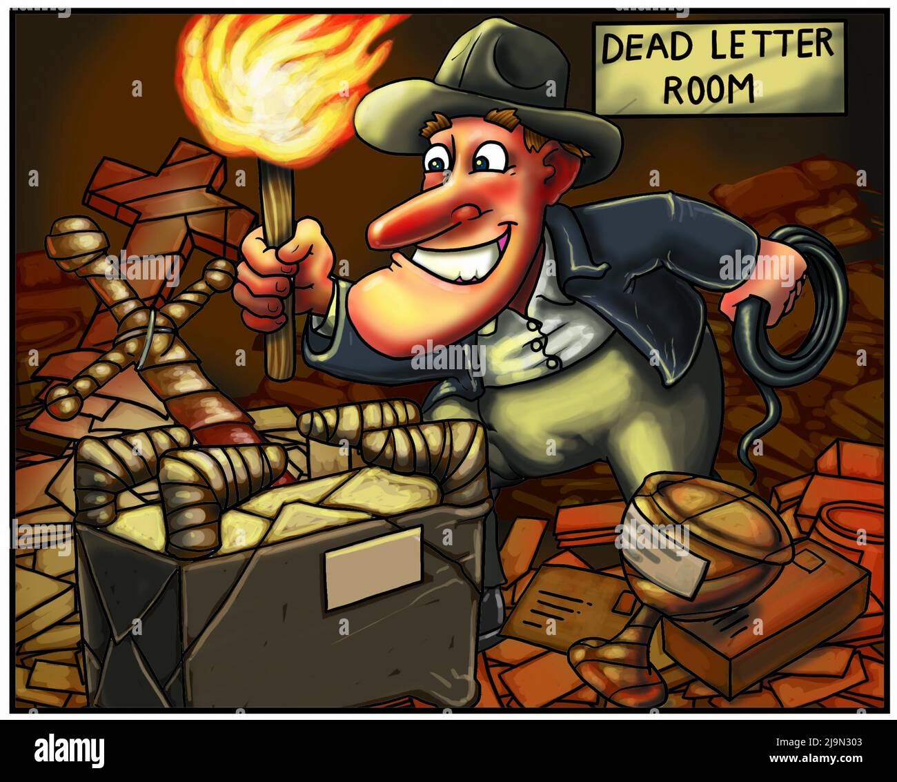 Indiana Jones style funny art man exploring a dead letter room dead letter office for hidden treasures Art philately collecting hobbies postal service. Stock Photo