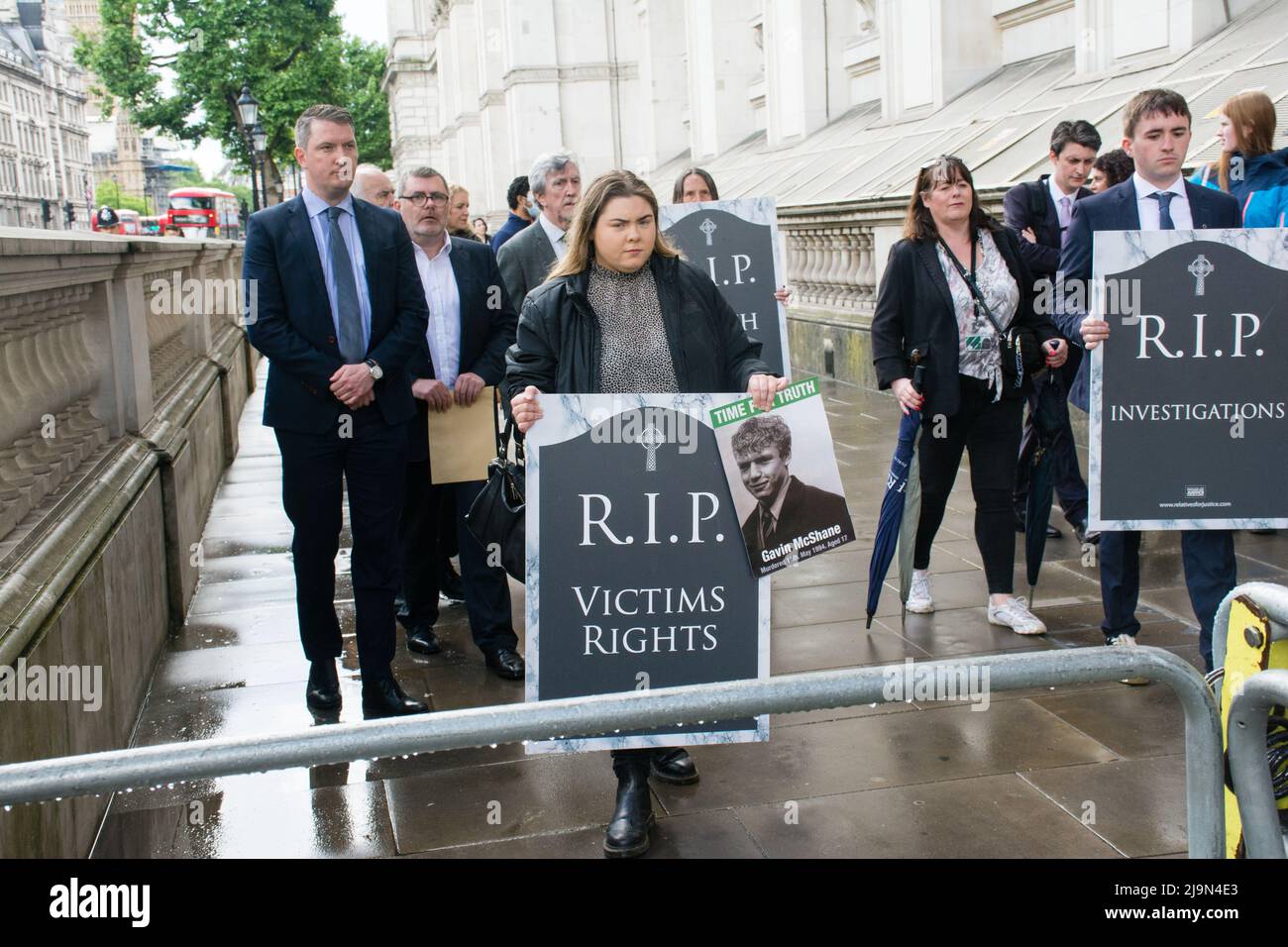 The British government plan to change the law in relation to the British agent and soldier who murder Irish Catholic and Irish Republic exempt from prosecution. The victims of the families here to seeking justice curry a coffin from Parliament Square march to Downing street, London, UK. - 24 May 2022. Stock Photo