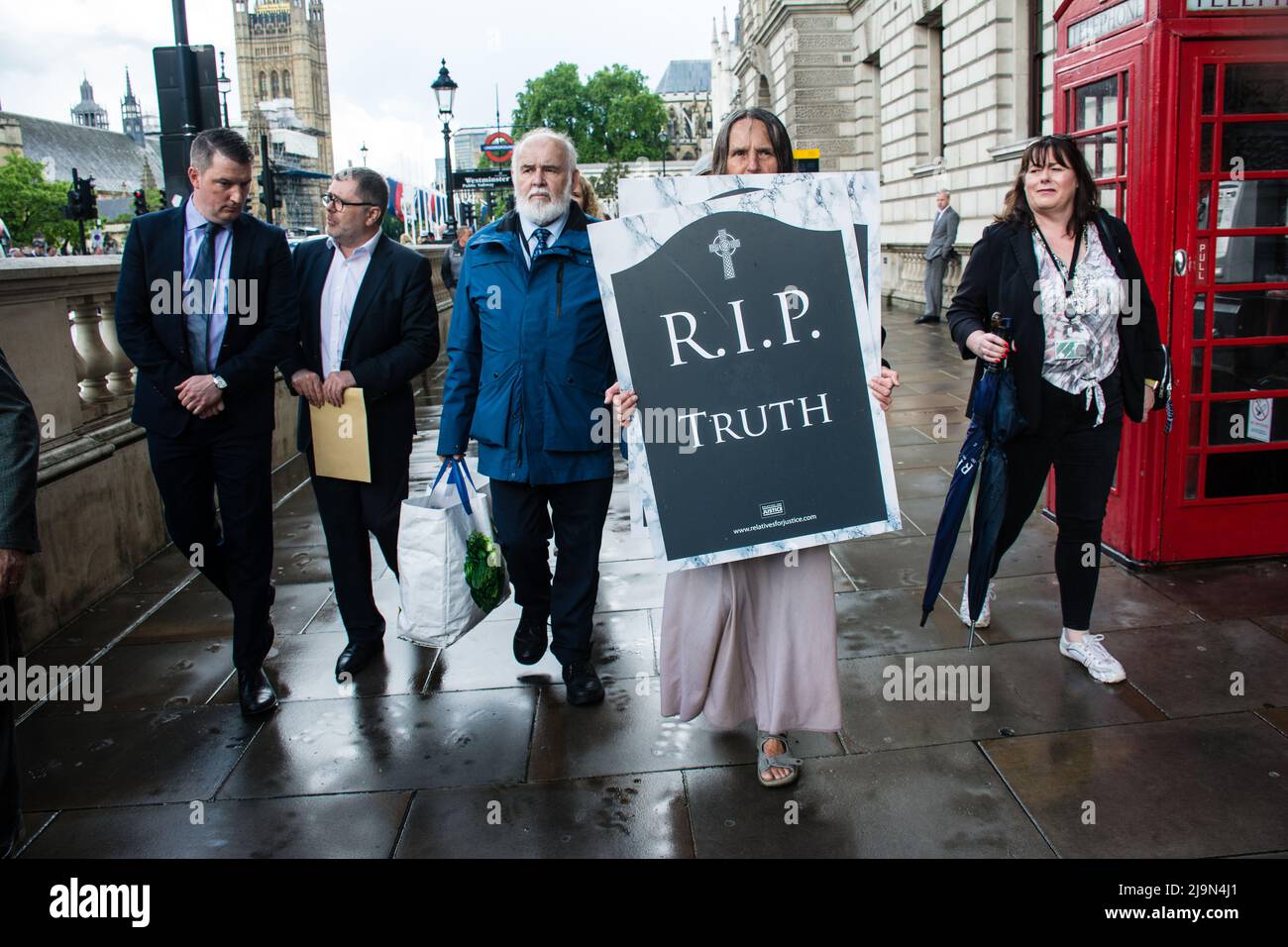John Finucane, Francie Molloy, Michelle Gildernew attends, the British government plan to change the law in relation to the British agent and soldier who murder Irish Catholic and Irish Republic exempt from prosecution. The victims of the families here to seeking justice curry a coffin in front of Downing street, London, UK. - 24 May 2022. Stock Photo
